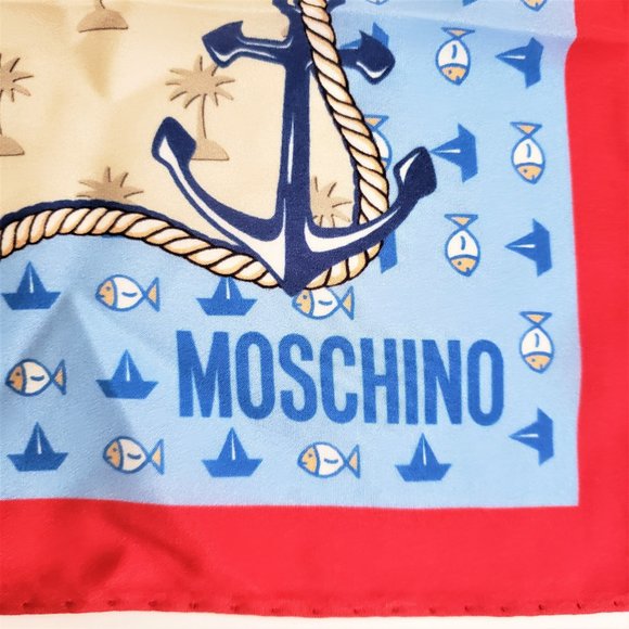 NWT Moschino 100% silk Scarf Italy Nautical Sailor heart bear - Picture 3 of 6